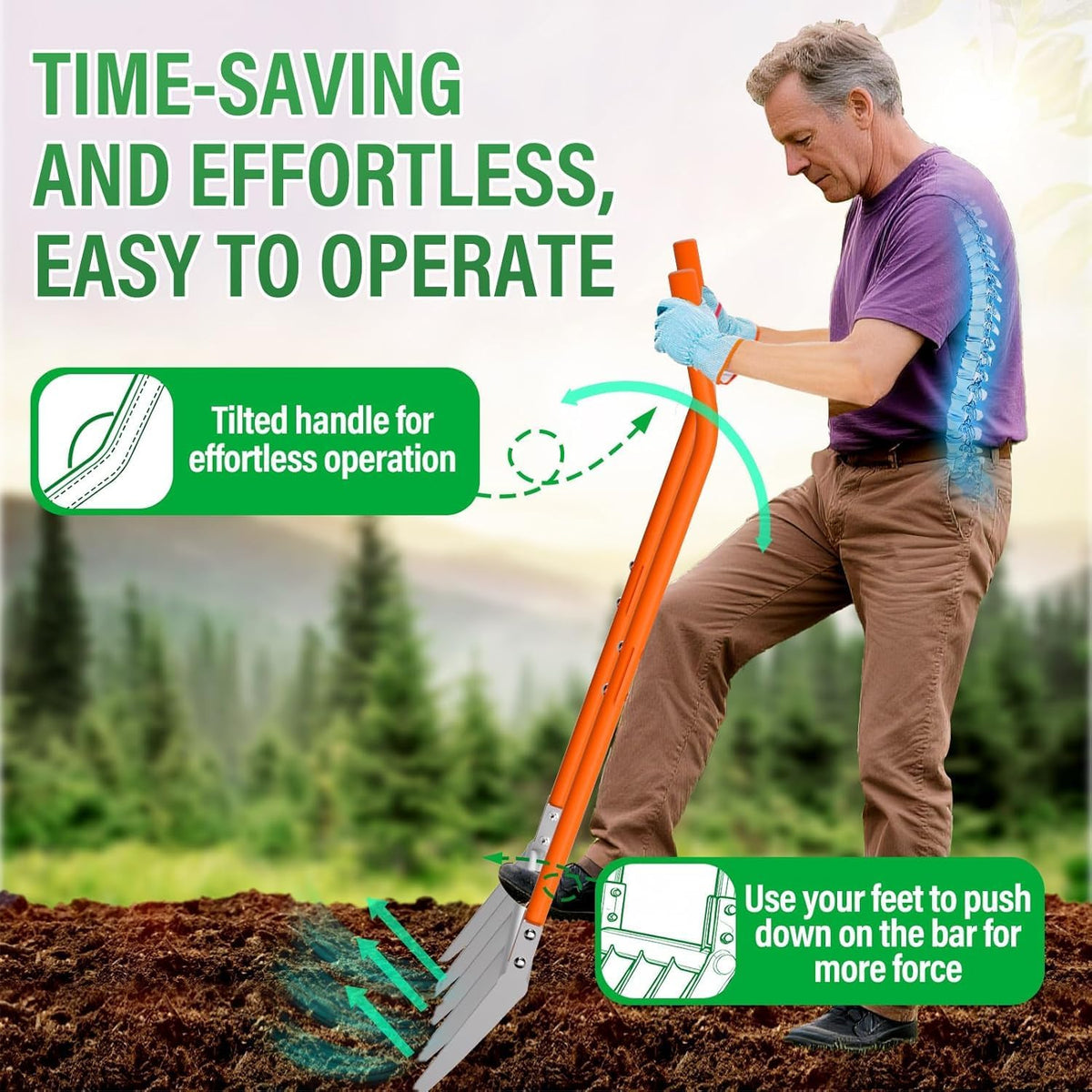 Broadfork 5-Tine Broad Fork for Gardening Ergonomic U-Shaped Design