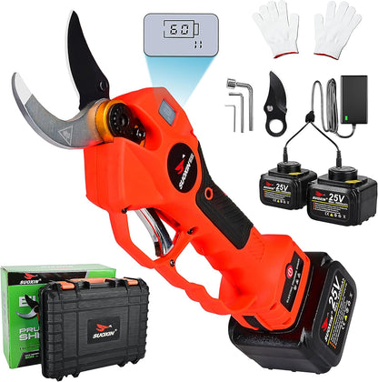 25V Electric Pruning Shears, Suoxin 1.6" Cutting diameter Brushless Cordless Tree Pruner with LCD Display, 2×4.0Ah Batteries, SK5 Blade – Professional Garden Tool for Thick Branches