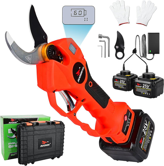 25V Electric Pruning Shears, Suoxin 1.6" Cutting diameter Brushless Cordless Tree Pruner with LCD Display, 2×4.0Ah Batteries, SK5 Blade – Professional Garden Tool for Thick Branches
