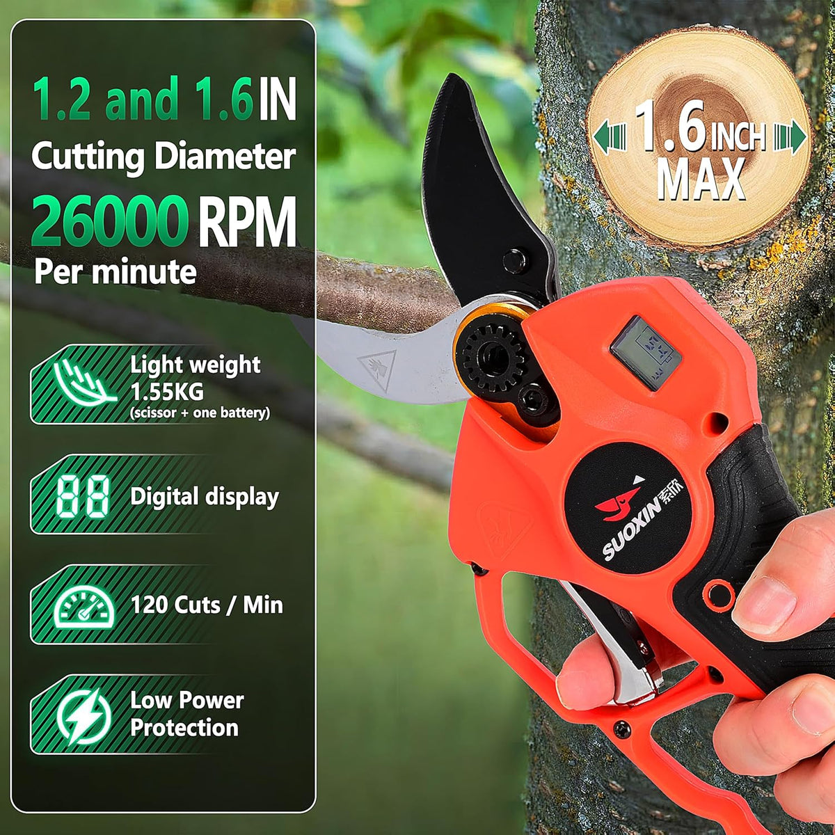 25V Electric Pruning Shears, Suoxin 1.6" Cutting diameter Brushless Cordless Tree Pruner with LCD Display, 2×4.0Ah Batteries, SK5 Blade – Professional Garden Tool for Thick Branches