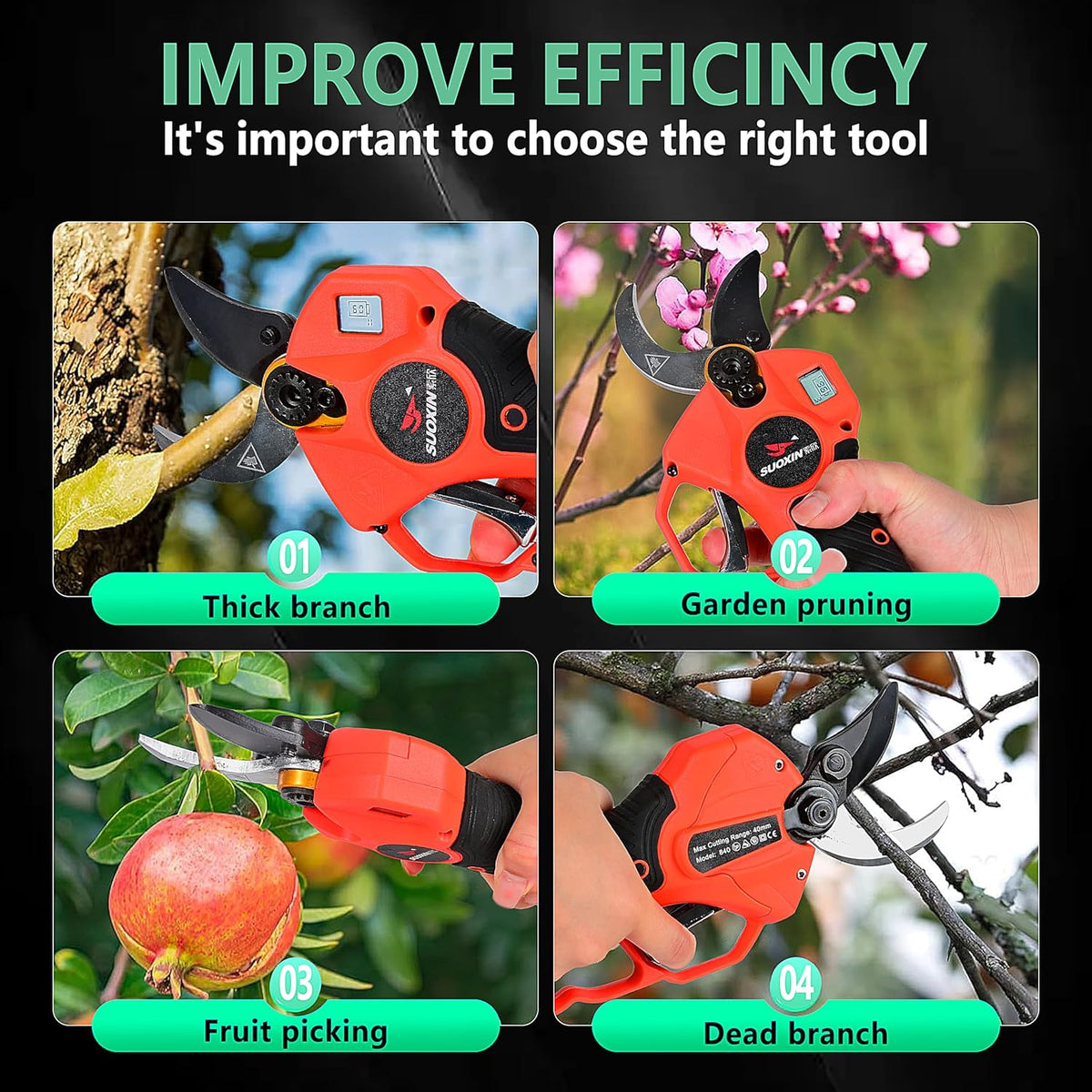 25V Electric Pruning Shears, Suoxin 1.6" Cutting diameter Brushless Cordless Tree Pruner with LCD Display, 2×4.0Ah Batteries, SK5 Blade – Professional Garden Tool for Thick Branches