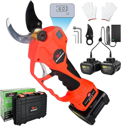 25V Electric Pruning Shears, Suoxin 1.6" Cutting diameter Brushless Cordless Tree Pruner with LCD Display, 2×4.0Ah Batteries, SK5 Blade – Professional Garden Tool for Thick Branches