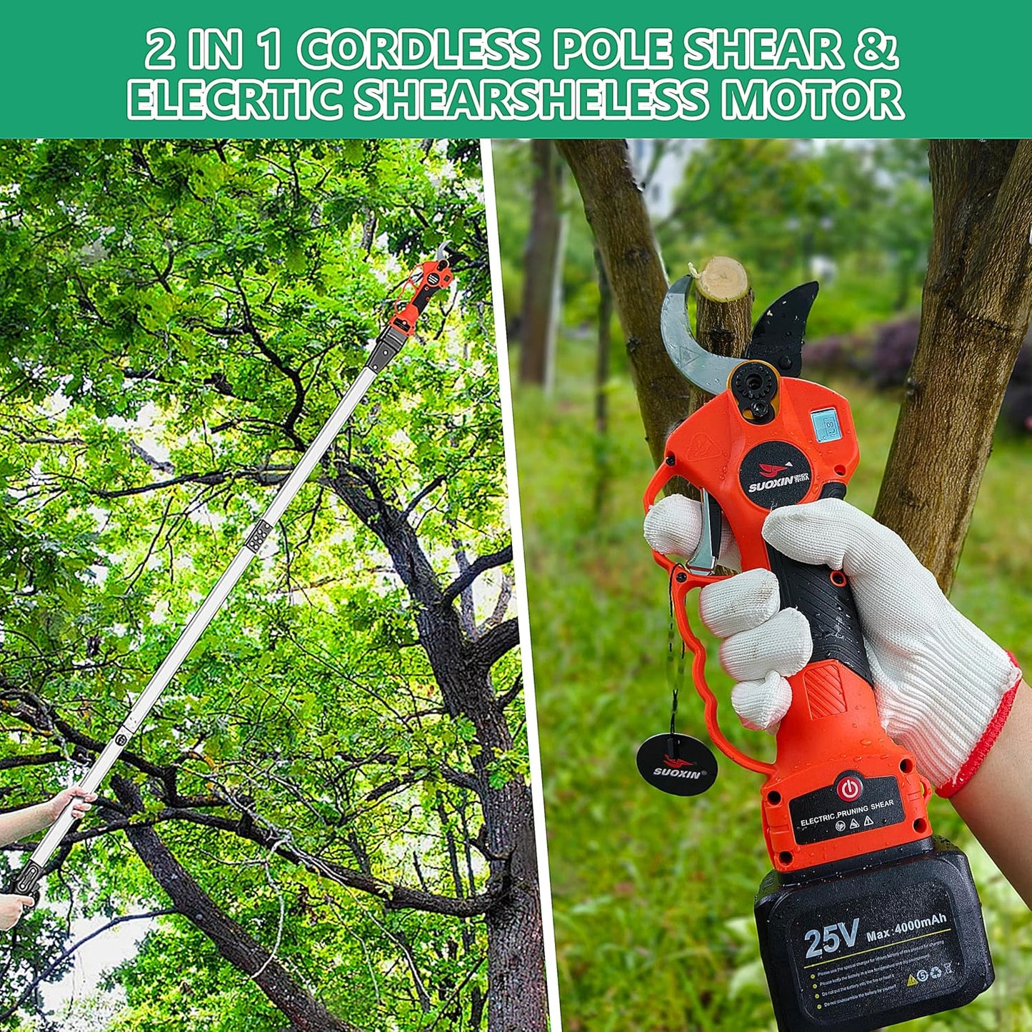25V Electric Pruning Shears, Suoxin 1.6" Cutting diameter Brushless Cordless Tree Pruner with LCD Display, 2×4.0Ah Batteries, SK5 Blade – Professional Garden Tool for Thick Branches