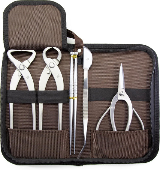 Bonsai Tools 5-Piece Alloy Steel Bonsai tool Kit In Cluding 190mm Root Pruning Scissors / 205mm Trunk Splitter / 215mm Root Cutter / 200mm Straight Root Hook / Tweezers (NBK5-03)