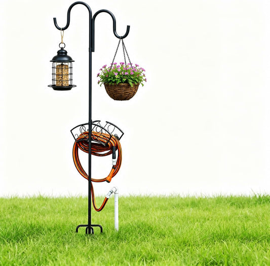 Garden Hose Holder, Freestanding Hose Stand for Outside, 150FT Hose Storage Organizer with 5-Prong Base and Shepherd Hooks for Garden Yard Patio