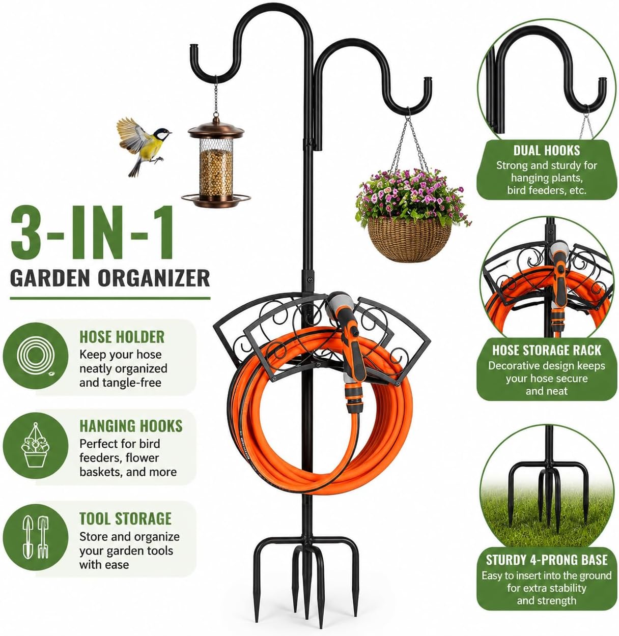 Garden Hose Holder, Freestanding Hose Stand for Outside, 150FT Hose Storage Organizer with 5-Prong Base and Shepherd Hooks for Garden Yard Patio