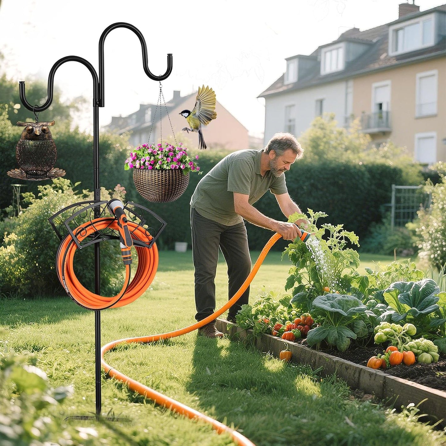 Garden Hose Holder, Freestanding Hose Stand for Outside, 150FT Hose Storage Organizer with 5-Prong Base and Shepherd Hooks for Garden Yard Patio