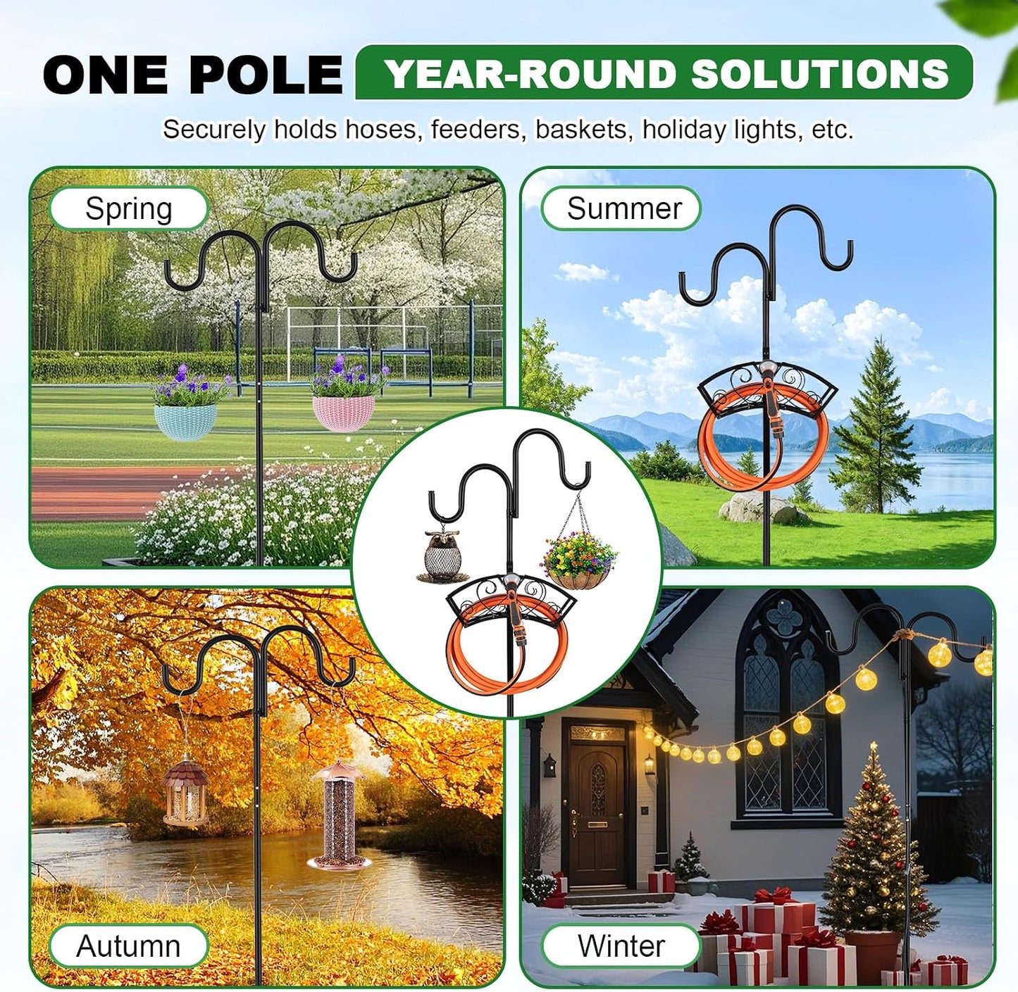 Garden Hose Holder, Freestanding Hose Stand for Outside, 150FT Hose Storage Organizer with 5-Prong Base and Shepherd Hooks for Garden Yard Patio