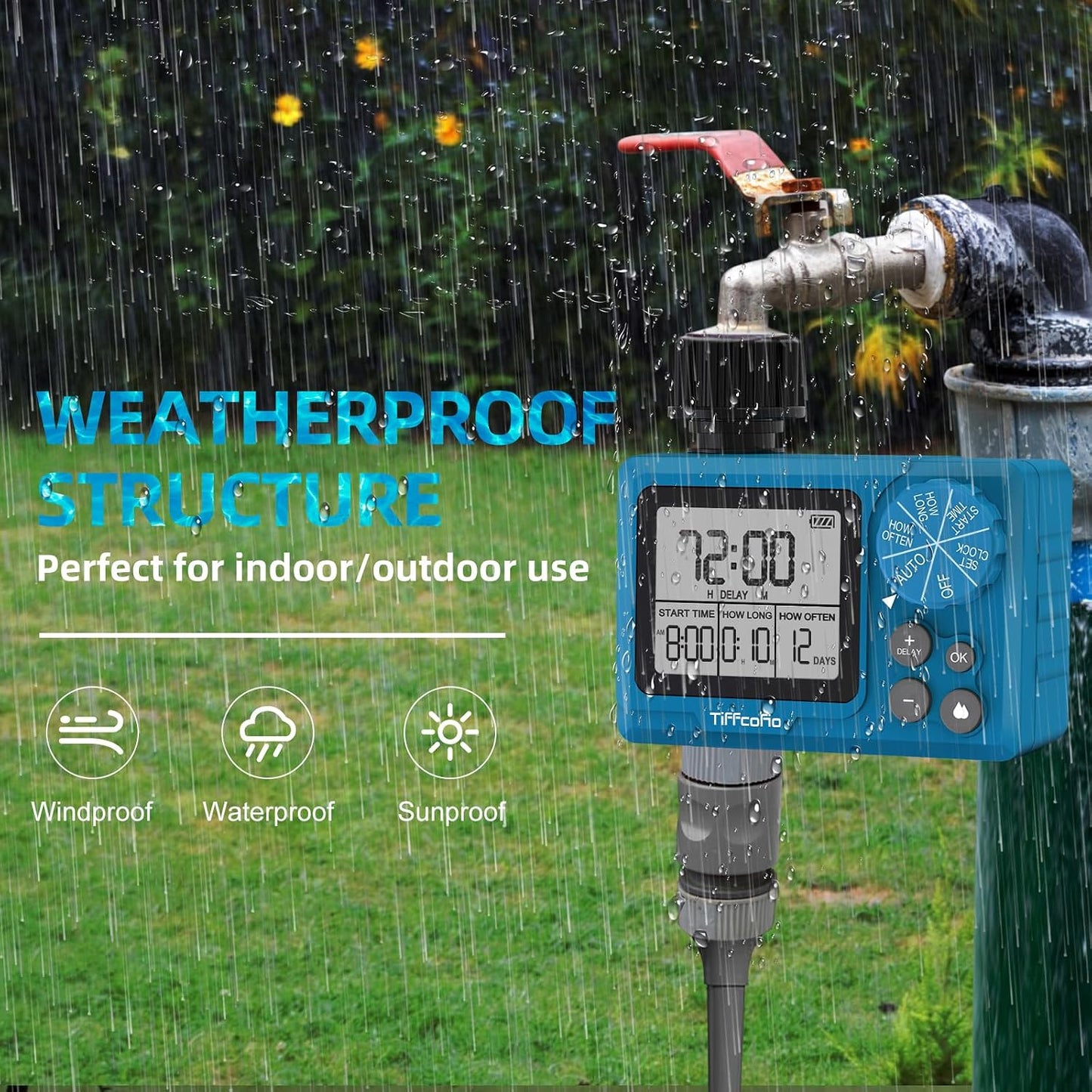 Sprinkler Timer Outdoor, Digital Programmable for Garden Hose, Irrigrtion Timer with Rain Delay and Manual Mode