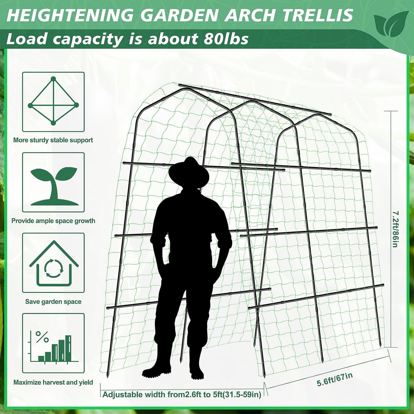 Extra Large Cucumber Trellis for Raised Bed,Green,65"x49.2"x23.6"