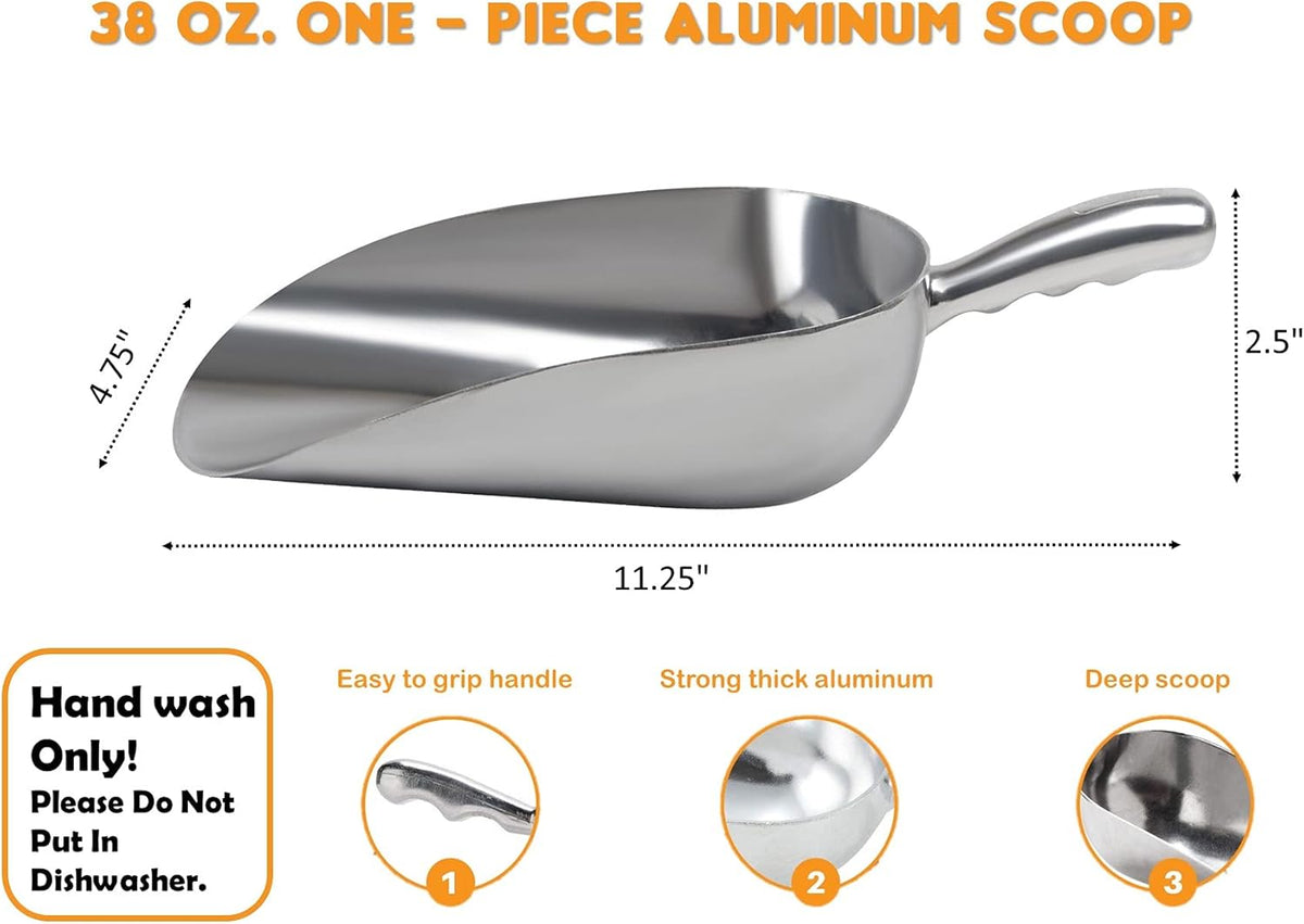 Cast Aluminum Utility Scoop - 12 oz. - Round Bottom, ice scoop For Multi-Purpose Use, With Finger Groove Handle (Hand Wash Only) (12 oz.)