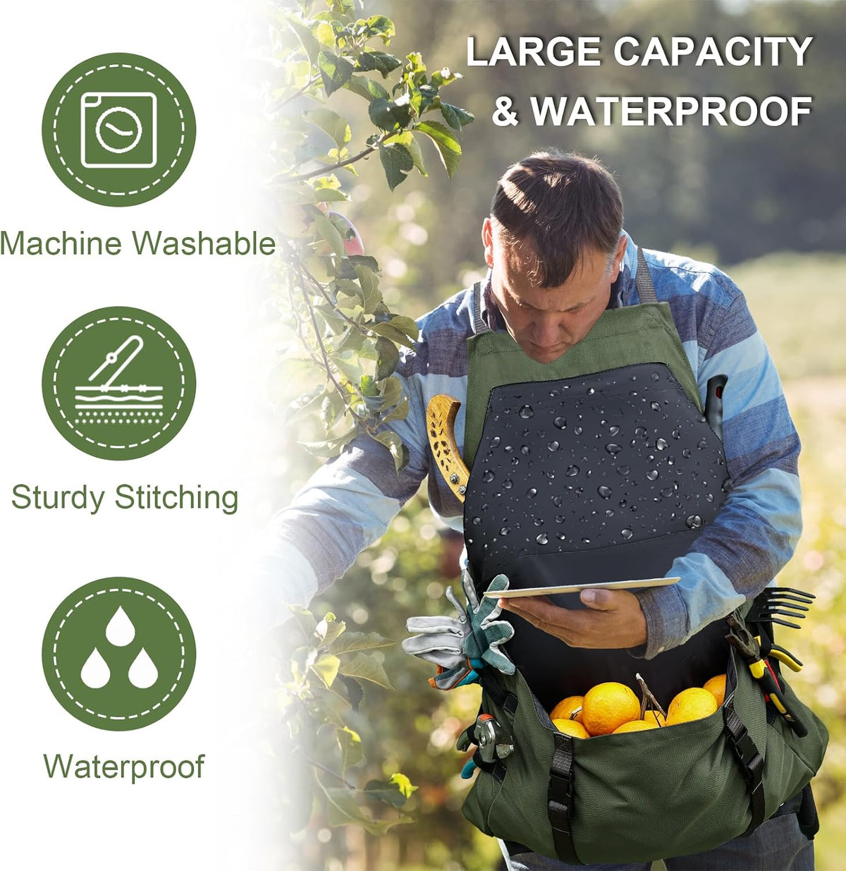 Gardening Apron Waterproof Cross Back Apron, Extra 600D Heavy Duty Apron Harvest and Large Quick Release Pockets