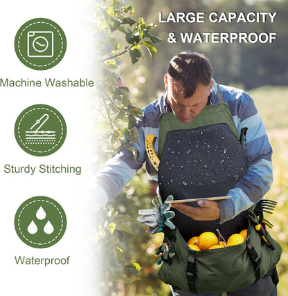 Gardening Apron Waterproof Cross Back Apron, Extra 600D Heavy Duty Apron Harvest and Large Quick Release Pockets
