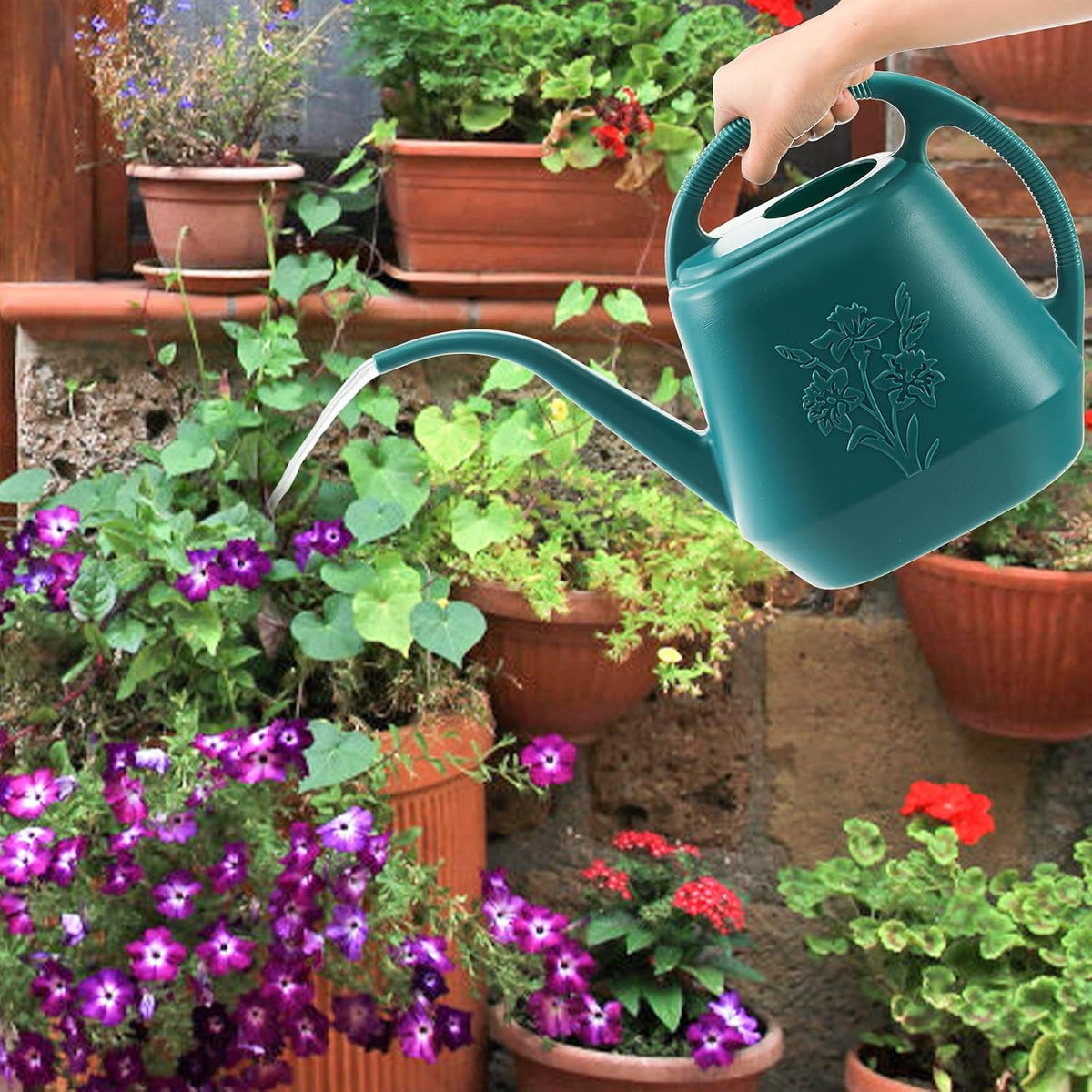 1-Gallon Plastic Watering Can with Comfortable Handle, Garden Watering Cans Long Spout for Indoor Outdoor Watering Plants (Green)