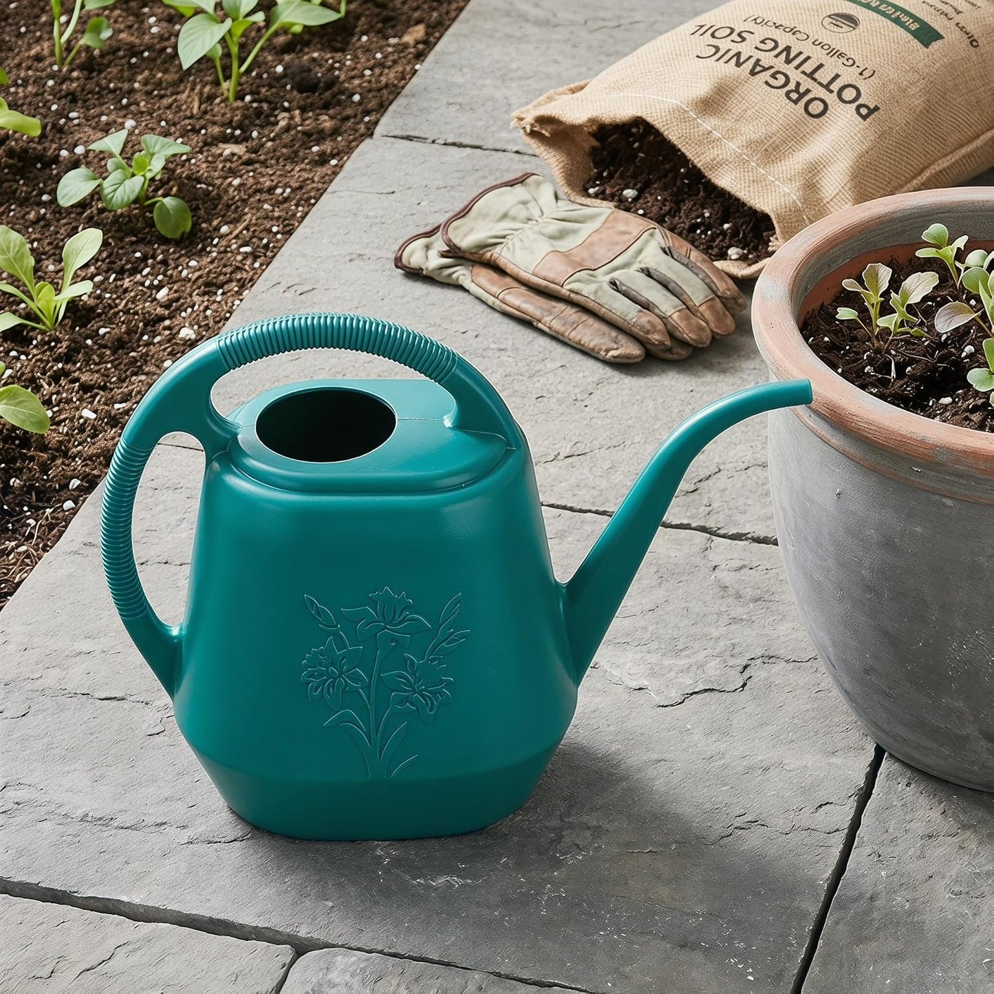 1-Gallon Plastic Watering Can with Comfortable Handle, Garden Watering Cans Long Spout for Indoor Outdoor Watering Plants (Green)