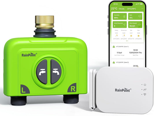 WiFi Water Timer for Garden Hose, 2 Zone WiFi Sprinkler Controller, Smart Hose Timer Valve, Automatic Drip Irrigation System/Rain Delay for Garden (Brass Inlet, WiFi & Ethernet Connection)