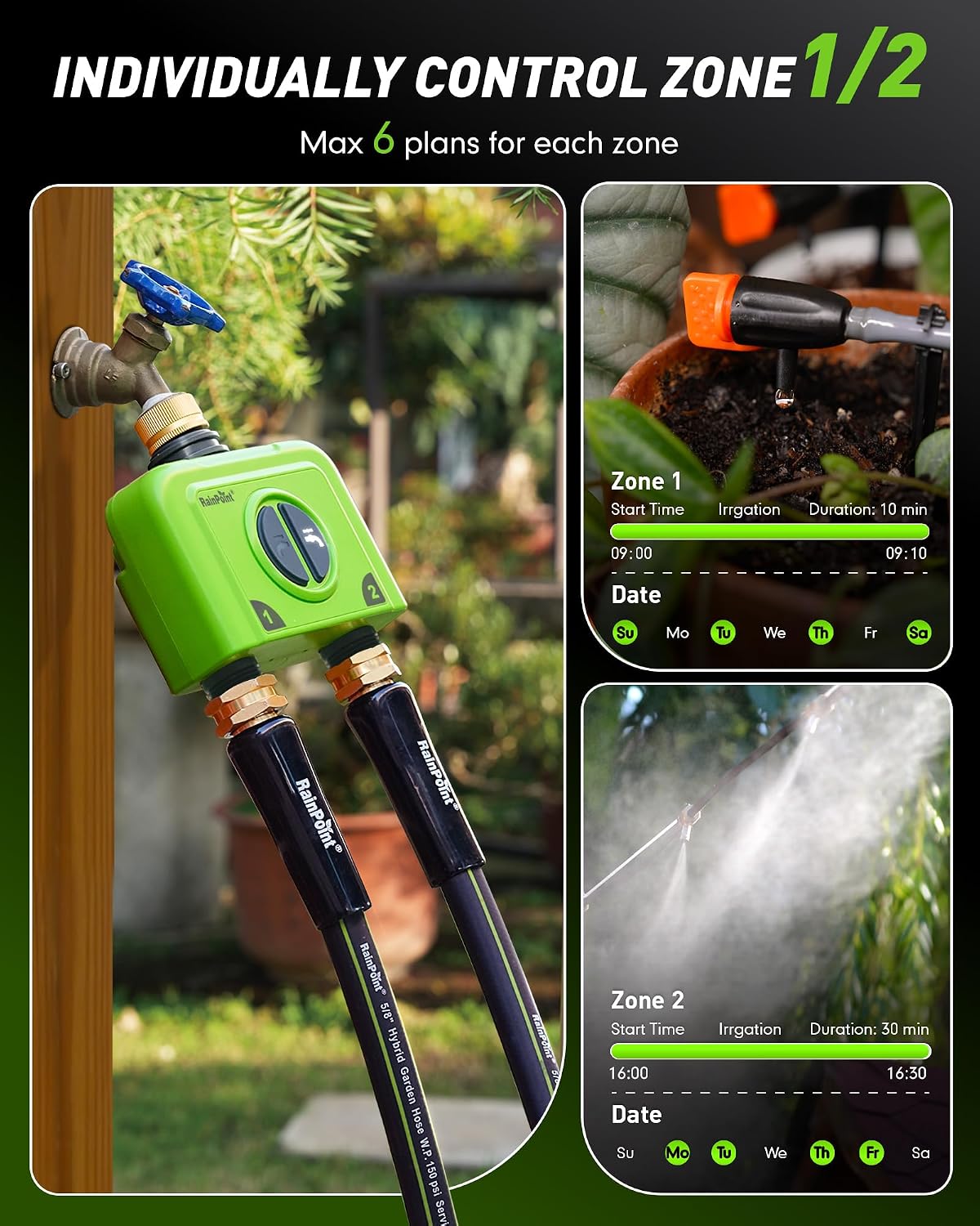 WiFi Water Timer for Garden Hose, 2 Zone WiFi Sprinkler Controller, Smart Hose Timer Valve, Automatic Drip Irrigation System/Rain Delay for Garden (Brass Inlet, WiFi & Ethernet Connection)