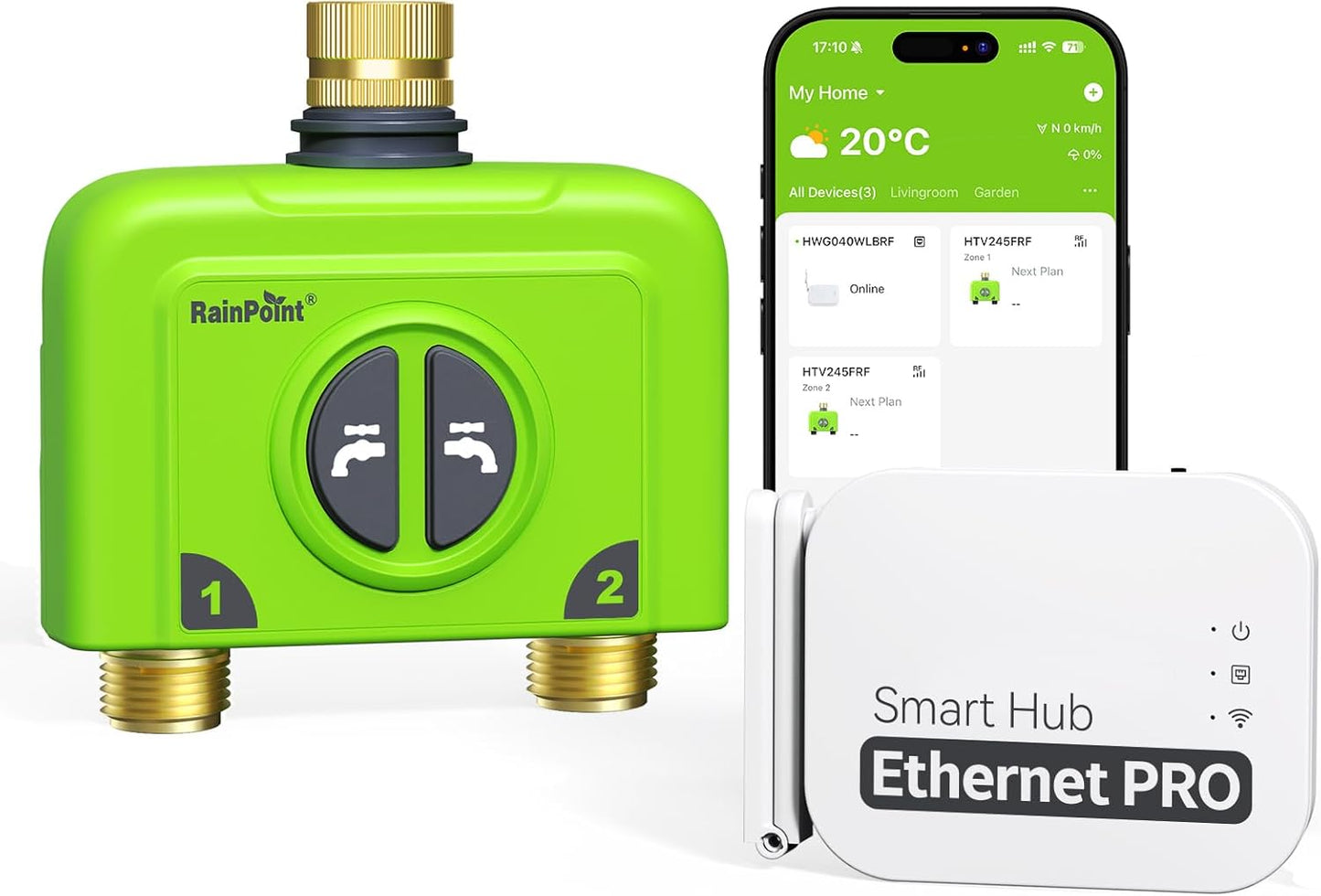 WiFi Water Timer for Garden Hose, 2 Zone WiFi Sprinkler Controller, Smart Hose Timer Valve, Automatic Drip Irrigation System/Rain Delay for Garden (Brass Inlet, WiFi & Ethernet Connection)