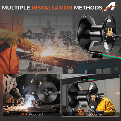 Manual Twin Welding Hose Reel Holds 100 ft of 3/8" or 1/4" Gas Hose,Universal Mounting Bracket for Wall, Ceiling or Cart (Hose Not Included)