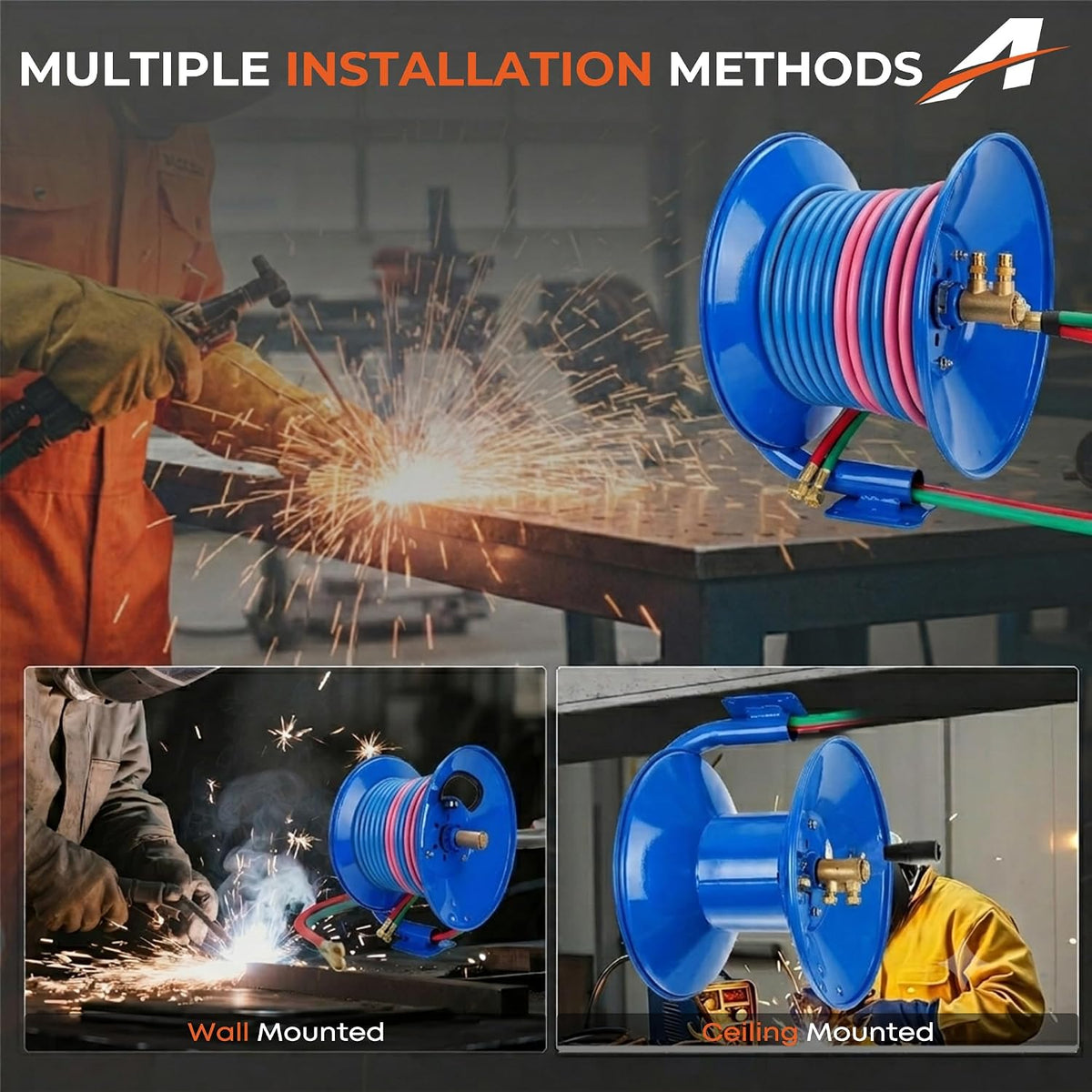 Manual Twin Welding Hose Reel Holds 100 ft of 3/8" or 1/4" Gas Hose,Universal Mounting Bracket for Wall, Ceiling or Cart (Hose Not Included)