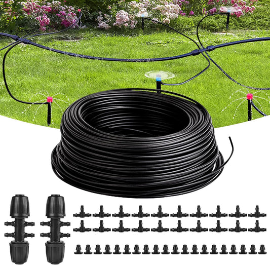 100FT 1/4 Inch Drip Irrigation Tubing, Distribution Hose Tube Kit Includes 2pcs 6-Way Connectors & 20pcs 1/4" Tee Splitters and End Plugs for Garden DIY Water-Saving Drip Irrigation System