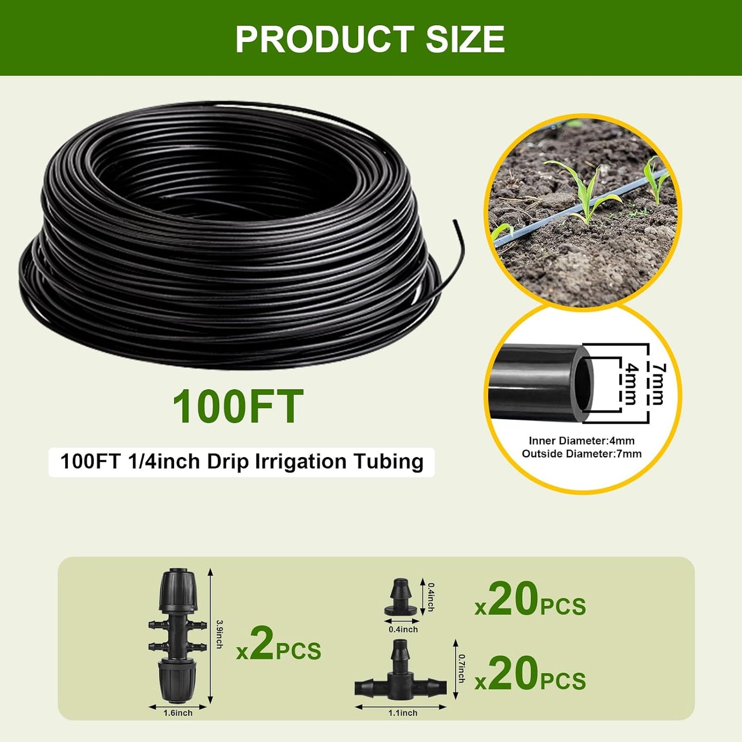 100FT 1/4 Inch Drip Irrigation Tubing, Distribution Hose Tube Kit Includes 2pcs 6-Way Connectors & 20pcs 1/4" Tee Splitters and End Plugs for Garden DIY Water-Saving Drip Irrigation System