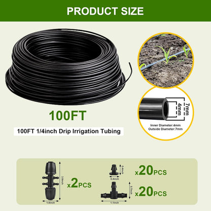 100FT 1/4 Inch Drip Irrigation Tubing, Distribution Hose Tube Kit Includes 2pcs 6-Way Connectors & 20pcs 1/4" Tee Splitters and End Plugs for Garden DIY Water-Saving Drip Irrigation System