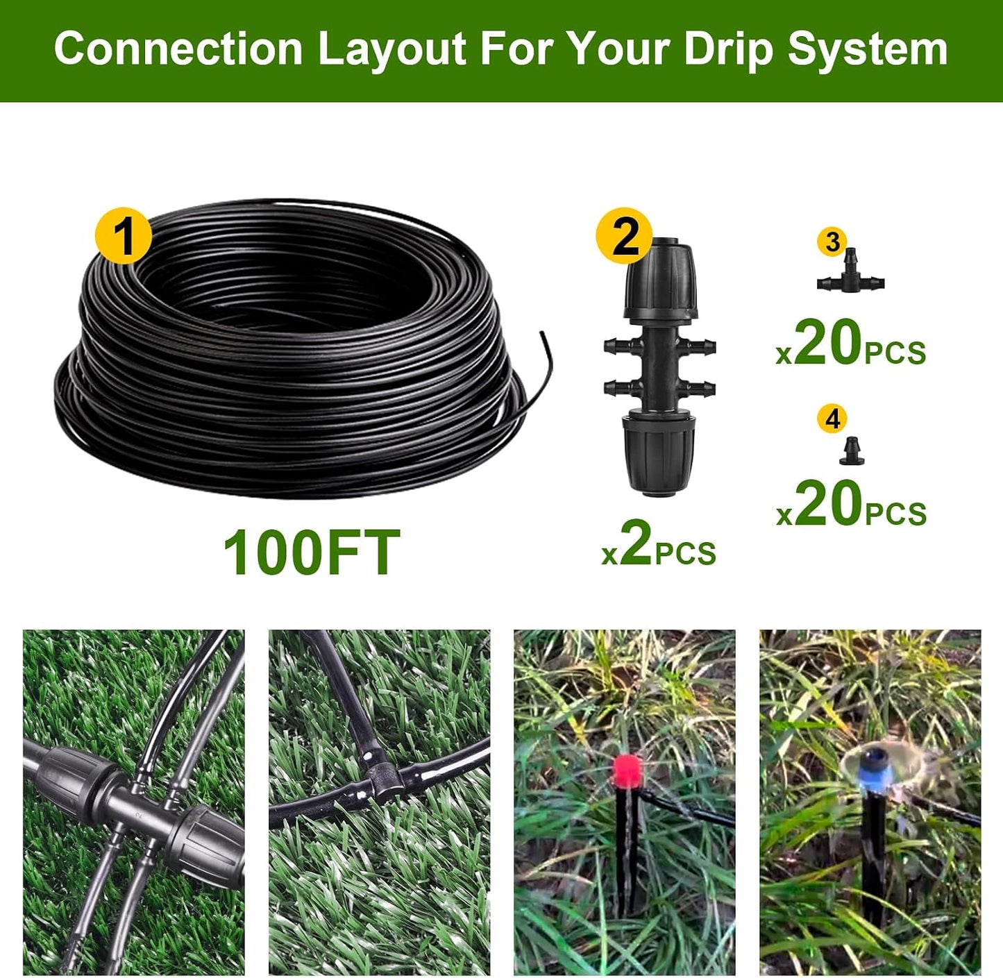 100FT 1/4 Inch Drip Irrigation Tubing, Distribution Hose Tube Kit Includes 2pcs 6-Way Connectors & 20pcs 1/4" Tee Splitters and End Plugs for Garden DIY Water-Saving Drip Irrigation System