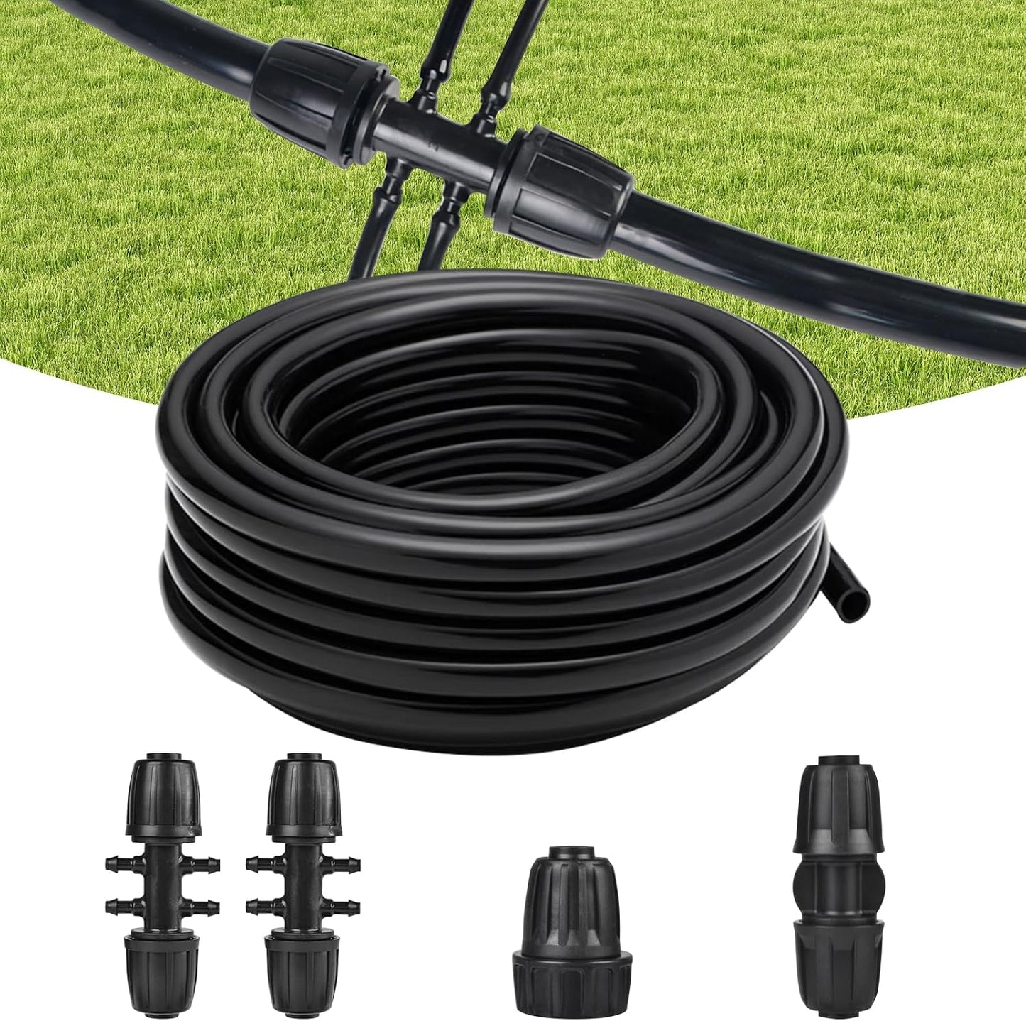 100FT 1/4 Inch Drip Irrigation Tubing, Distribution Hose Tube Kit Includes 2pcs 6-Way Connectors & 20pcs 1/4" Tee Splitters and End Plugs for Garden DIY Water-Saving Drip Irrigation System