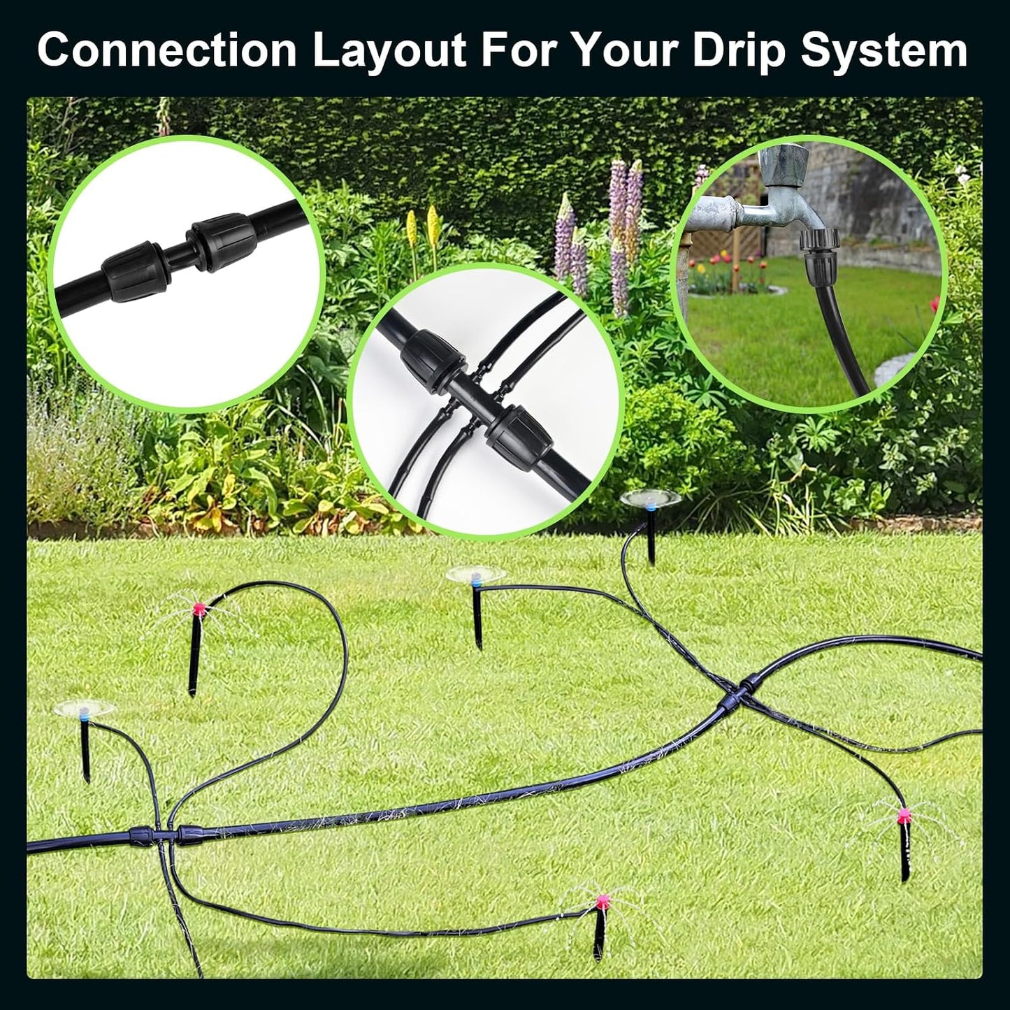 100FT 1/4 Inch Drip Irrigation Tubing, Distribution Hose Tube Kit Includes 2pcs 6-Way Connectors & 20pcs 1/4" Tee Splitters and End Plugs for Garden DIY Water-Saving Drip Irrigation System