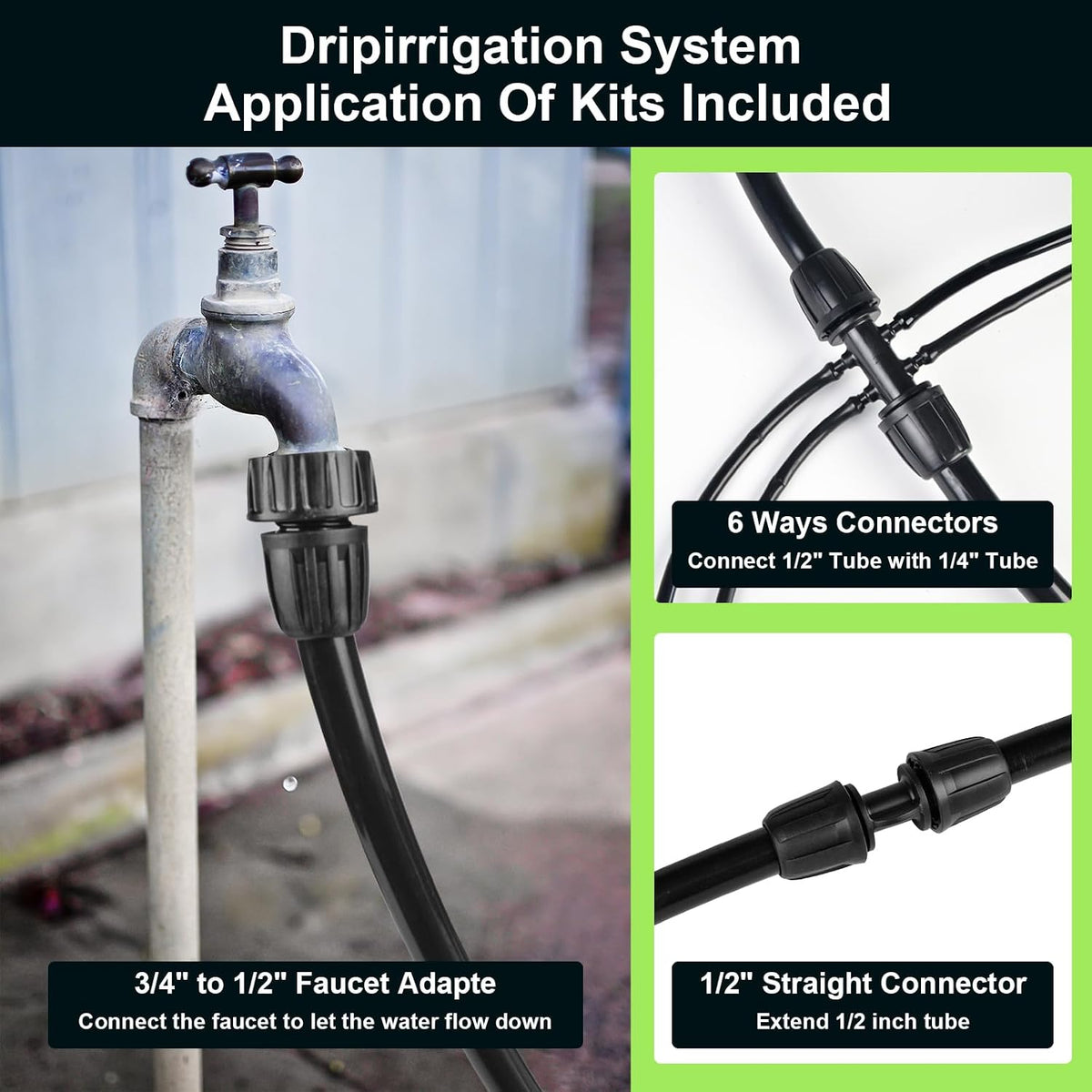 100FT 1/4 Inch Drip Irrigation Tubing, Distribution Hose Tube Kit Includes 2pcs 6-Way Connectors & 20pcs 1/4" Tee Splitters and End Plugs for Garden DIY Water-Saving Drip Irrigation System