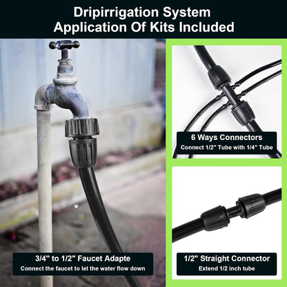 100FT 1/4 Inch Drip Irrigation Tubing, Distribution Hose Tube Kit Includes 2pcs 6-Way Connectors & 20pcs 1/4" Tee Splitters and End Plugs for Garden DIY Water-Saving Drip Irrigation System
