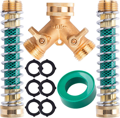 Brass 2 Way Hose Splitter, 3/4" Brass Y Way Garden Hose Connector with 2 Pcs Garden Hose Extension Adapter and 6 Rubber Washers