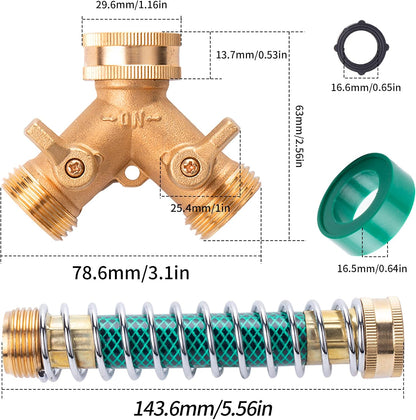 Brass 2 Way Hose Splitter, 3/4" Brass Y Way Garden Hose Connector with 2 Pcs Garden Hose Extension Adapter and 6 Rubber Washers