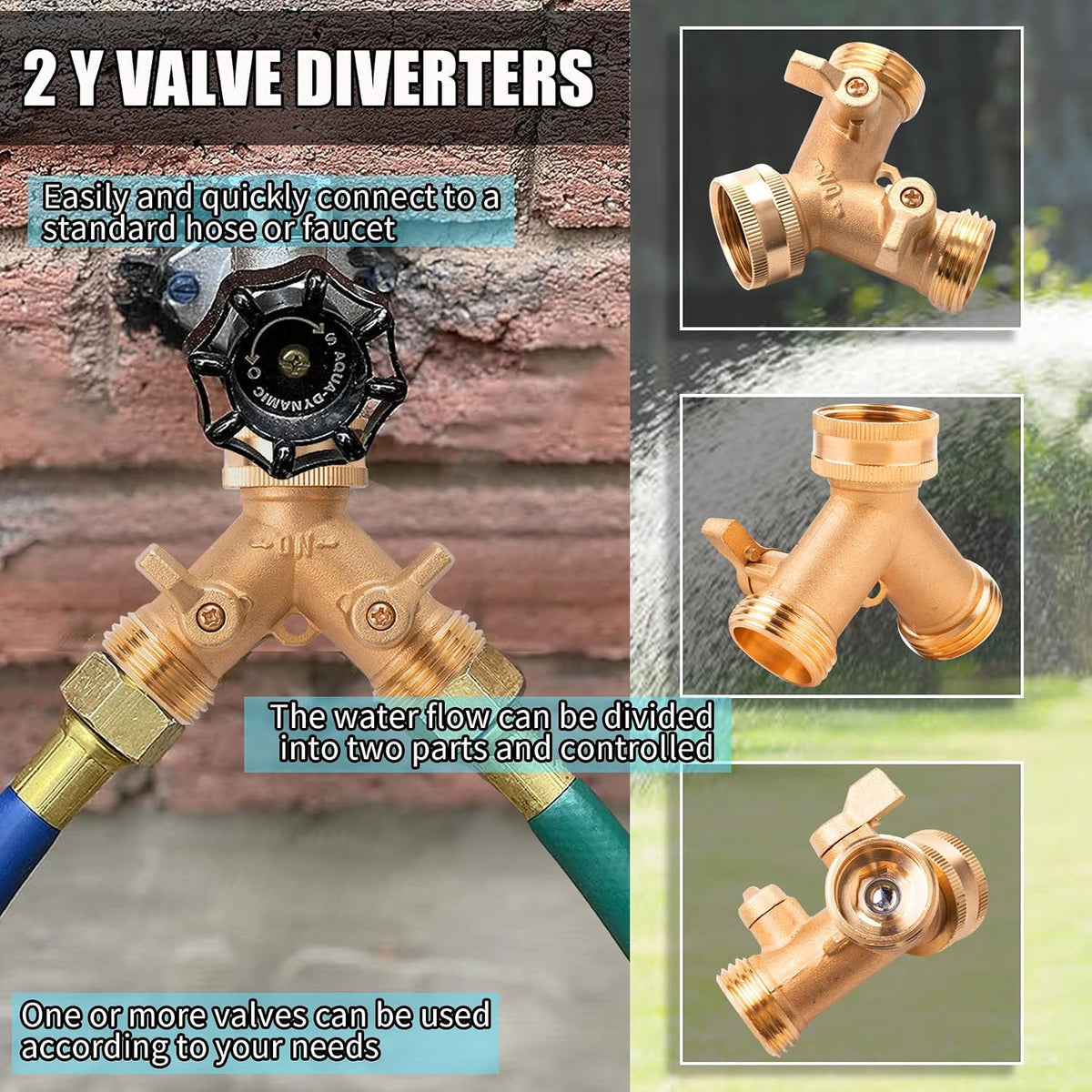 Brass 2 Way Hose Splitter, 3/4" Brass Y Way Garden Hose Connector with 2 Pcs Garden Hose Extension Adapter and 6 Rubber Washers