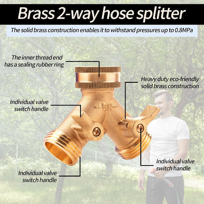 Brass 2 Way Hose Splitter, 3/4" Brass Y Way Garden Hose Connector with 2 Pcs Garden Hose Extension Adapter and 6 Rubber Washers