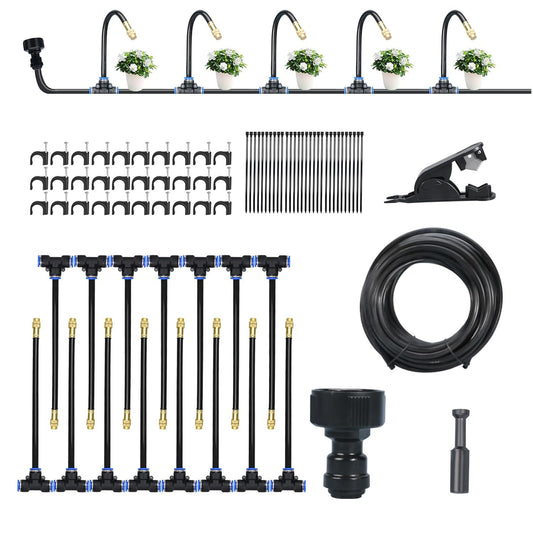 50FT Automatic Drip Irrigation Kit, Bendable Watering Hose with Multi Sprinkler Heads, Misting System for Garden Yard Outdoor Plants Greenhouse
