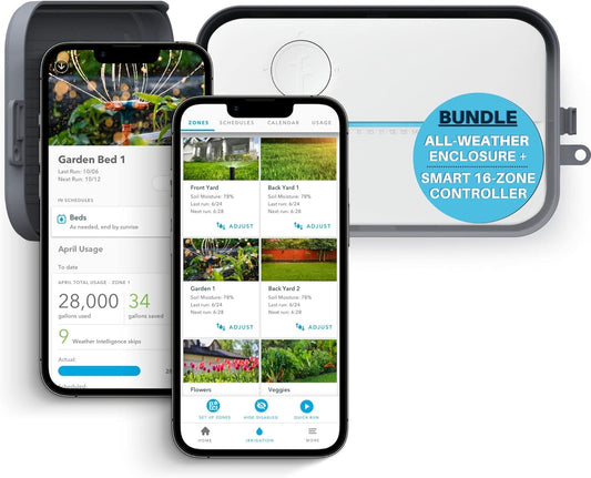 3 Smart Bundle: Includes 3rd Generation-16 Zone Smart Sprinkler Controller (Alexa Compatible w/ Hyperlocal Weather Intelligence Plus & Rain Skip) & Weatherproof Outdoor Enclosure