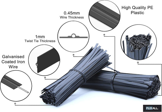 5 inches Twist Ties Pack of 100 - Premium Quality Reusable Black Plastic Coated Twist Ties for Bags, Cords - Bread Ties for Household