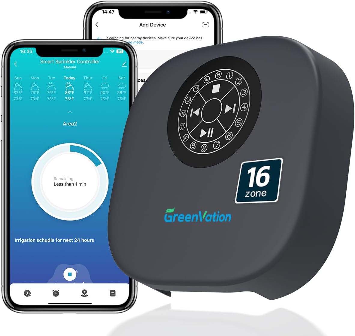 Smart Sprinkler Controller, 16-Zone/Station Irrigation System with APP Remote Control, GreenVation 2.4G/5GHz WiFi Water Timer for Outdoor Garden/Yard/Lawns (16 Zone)