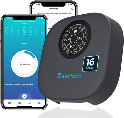 Smart Sprinkler Controller, 16-Zone/Station Irrigation System with APP Remote Control, GreenVation 2.4G/5GHz WiFi Water Timer for Outdoor Garden/Yard/Lawns (16 Zone)