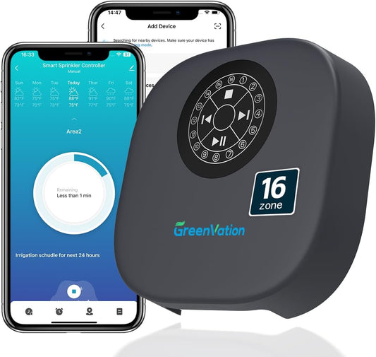 Smart Sprinkler Controller, 16-Zone/Station Irrigation System with APP Remote Control, GreenVation 2.4G/5GHz WiFi Water Timer for Outdoor Garden/Yard/Lawns (16 Zone)