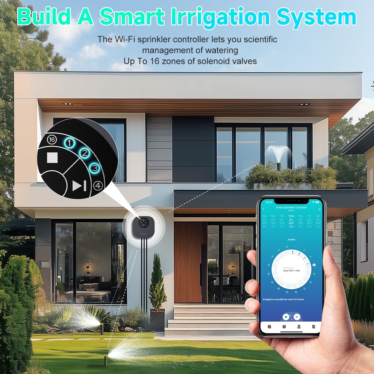 Smart Sprinkler Controller, 16-Zone/Station Irrigation System with APP Remote Control, GreenVation 2.4G/5GHz WiFi Water Timer for Outdoor Garden/Yard/Lawns (16 Zone)