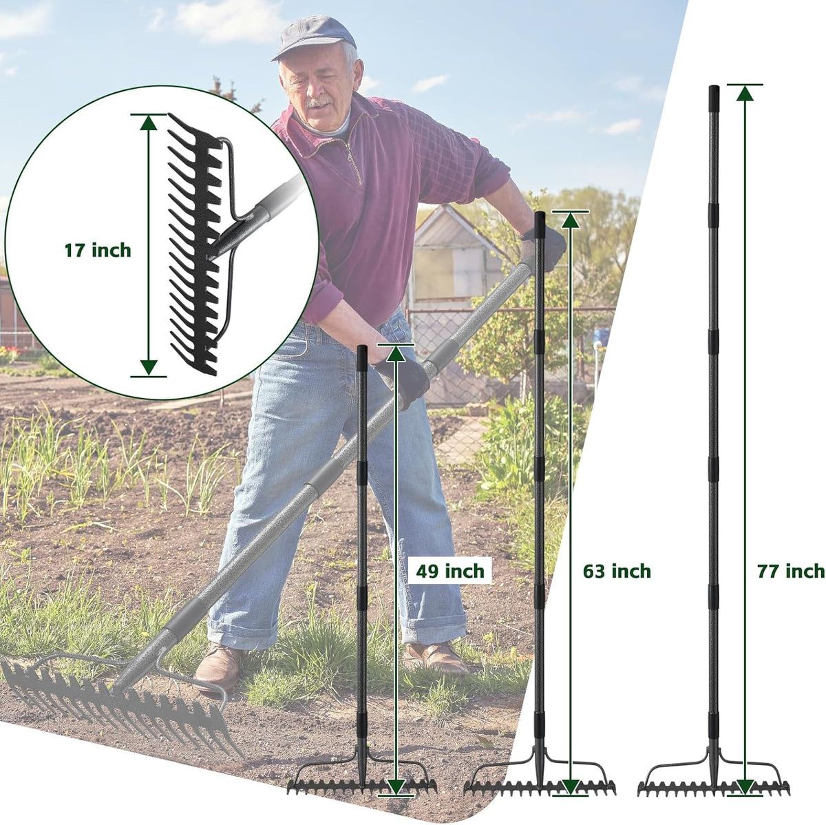 63'' Bow Rake ，17 Tines Metal Head Rakes with Stainless Steel Handle，Heavy Duty Garden Rake for Loosening Soil Gathering Leaf Leveling Lawn Farming Land Management Yarn Thatch Rake