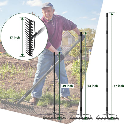 63'' Bow Rake ，17 Tines Metal Head Rakes with Stainless Steel Handle，Heavy Duty Garden Rake for Loosening Soil Gathering Leaf Leveling Lawn Farming Land Management Yarn Thatch Rake