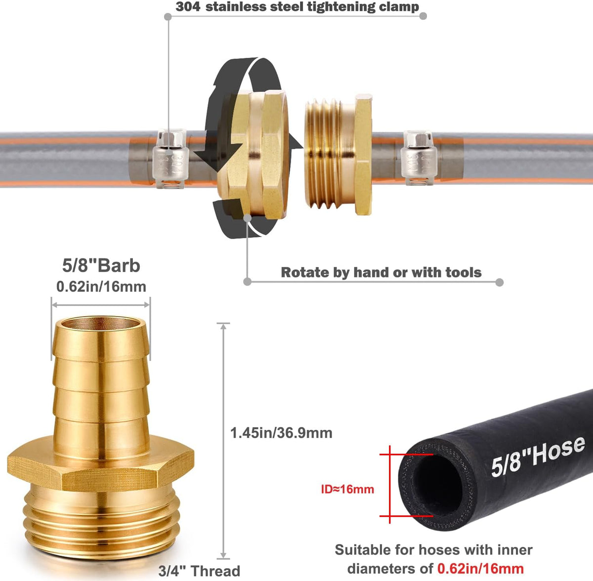 Solid Brass Garden Hose Repair kit Connector with Stainless Steel Clamps, Male Adapter/Female Garden Hose Swivel Fitting… (5/8" Barb x 3/4" Male-2 Sets)