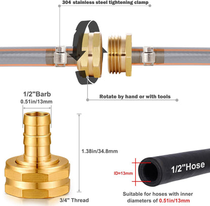 Solid Brass Garden Hose Repair kit Connector with Stainless Steel Clamps, Male Adapter/Female Garden Hose Swivel Fitting… (5/8" Barb x 3/4" Male-2 Sets)
