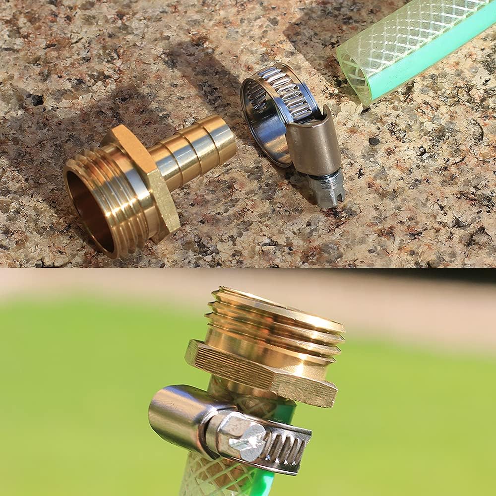 Solid Brass Garden Hose Repair kit Connector with Stainless Steel Clamps, Male Adapter/Female Garden Hose Swivel Fitting… (5/8" Barb x 3/4" Male-2 Sets)