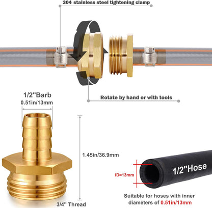 Solid Brass Garden Hose Repair kit Connector with Stainless Steel Clamps, Male Adapter/Female Garden Hose Swivel Fitting… (5/8" Barb x 3/4" Male-2 Sets)