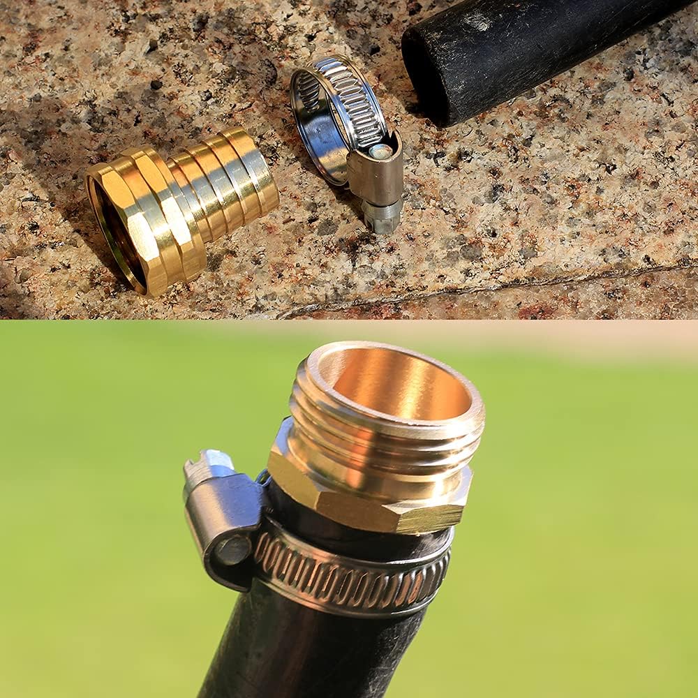 Solid Brass Garden Hose Repair kit Connector with Stainless Steel Clamps, Male Adapter/Female Garden Hose Swivel Fitting… (5/8" Barb x 3/4" Male-2 Sets)